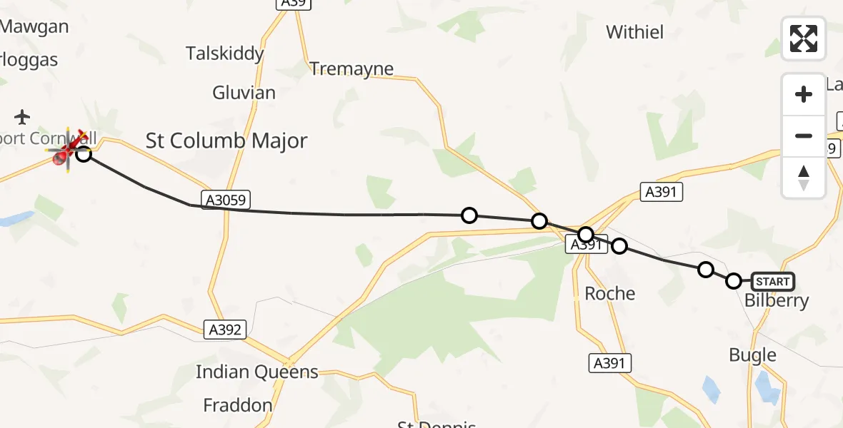 Flight route Air Ambulance Helicopter Luxulyan - Cornwall Airport Newquay, 16 September 2026, 10:02