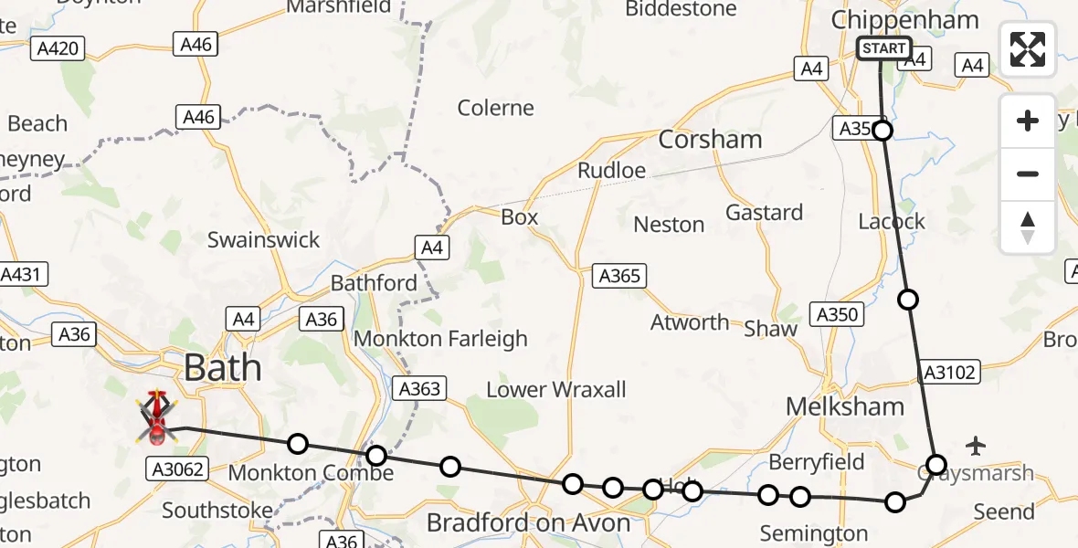 Flight route Air Ambulance Helicopter Chippenham - Bath, 16 September 2026, 10:04