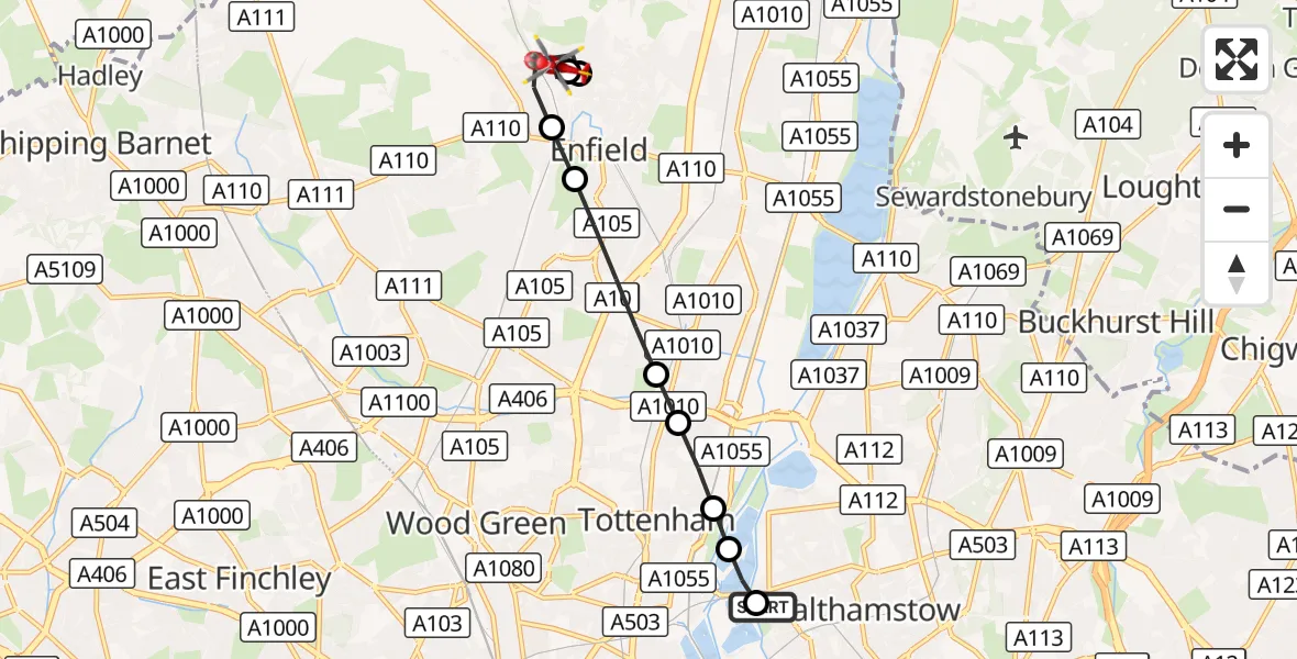 Flight route Air Ambulance Helicopter Waltham Forest - Enfield, 16 September 2026, 10:34