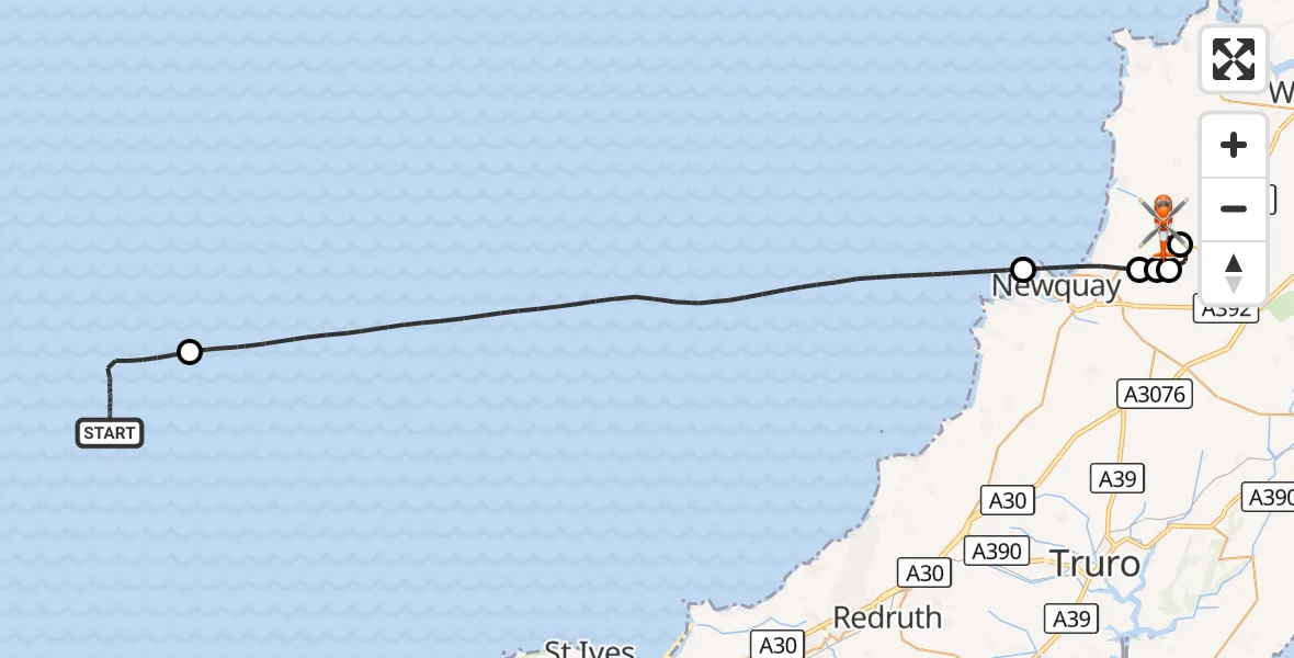 Flight route Coastguard Helicopter North Atlantic Ocean - Cornwall Airport Newquay, 16 September 2026, 10:46