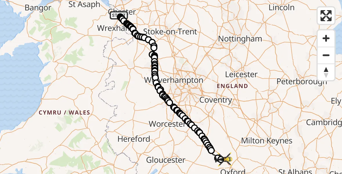 Flight route Police Helicopter Chester - West Oxfordshire, 16 September 2026, 10:51