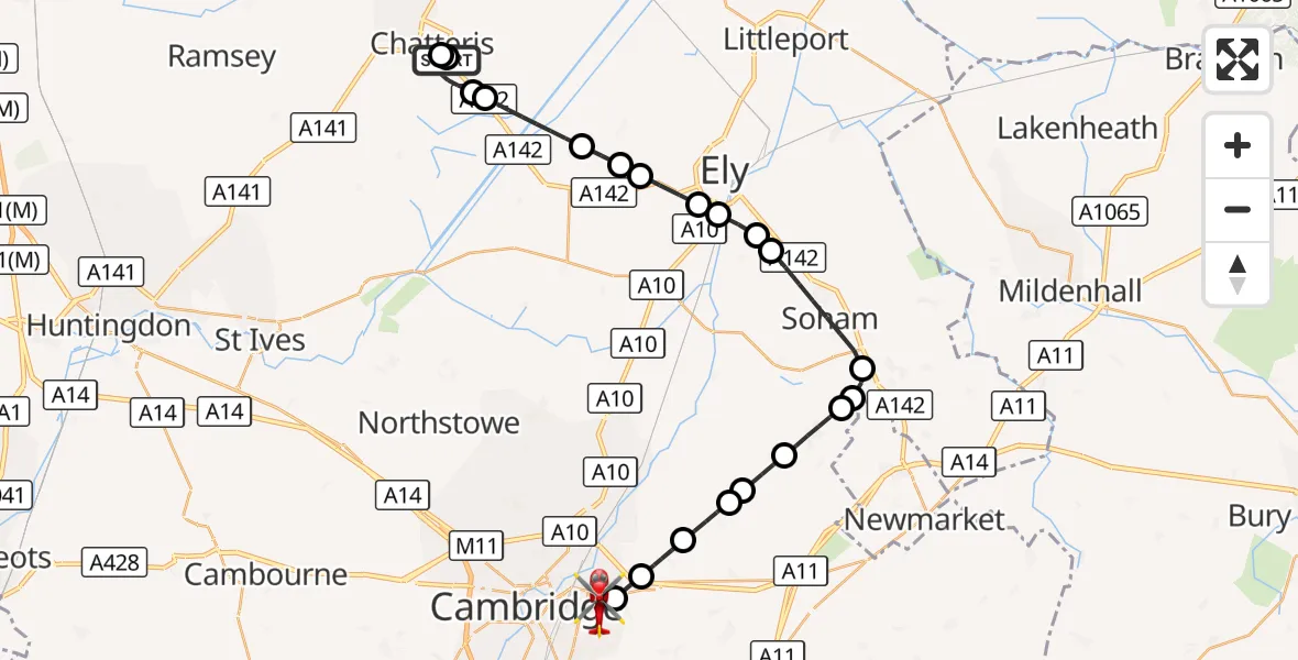 Flight route Air Ambulance Helicopter Chatteris - Cambridge City Airport, 16 September 2026, 11:02