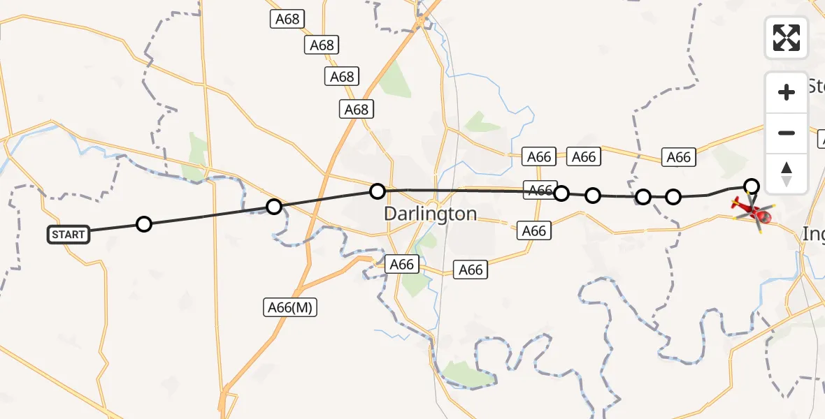 Flight route Air Ambulance Helicopter Forcett - Egglescliffe, 16 September 2026, 11:07