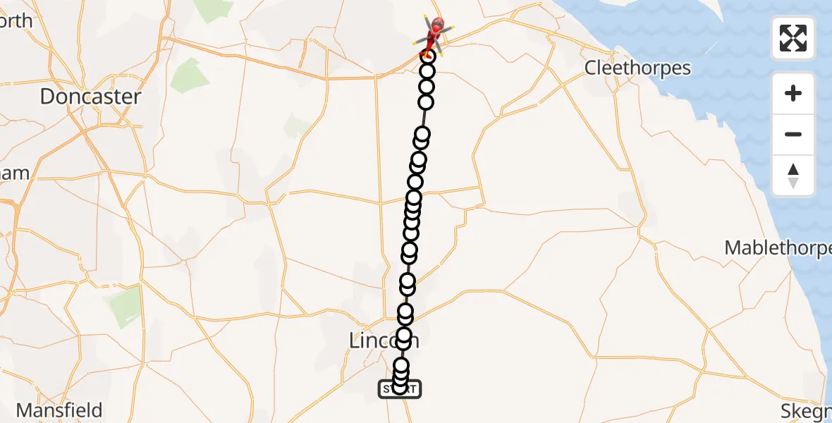 Flight route Air Ambulance Helicopter RAF Waddington - Wrawby, 16 September 2026, 11:08