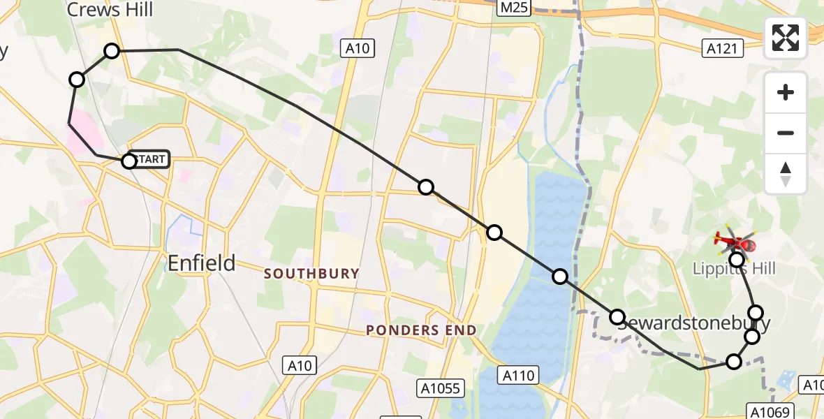 Flight route Air Ambulance Helicopter Four Hills Estate Playground - Metropolitan Police Air Support Unit Lippitts Hill, 16 September 2026, 11:16