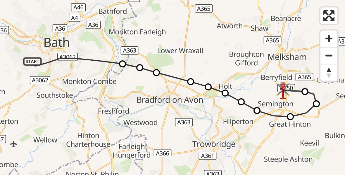 Flight route Air Ambulance Helicopter Bath - Wiltshire Air Ambulance, 16 September 2026, 11:32