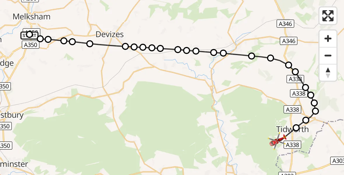 Flight route Air Ambulance Helicopter Wiltshire Air Ambulance - Tidworth, 16 September 2026, 11:42