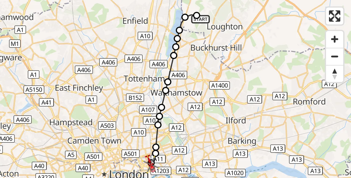 Flight route Air Ambulance Helicopter Metropolitan Police Air Support Unit Lippitts Hill - Royal London Hospital, 16 September 2026, 11:49