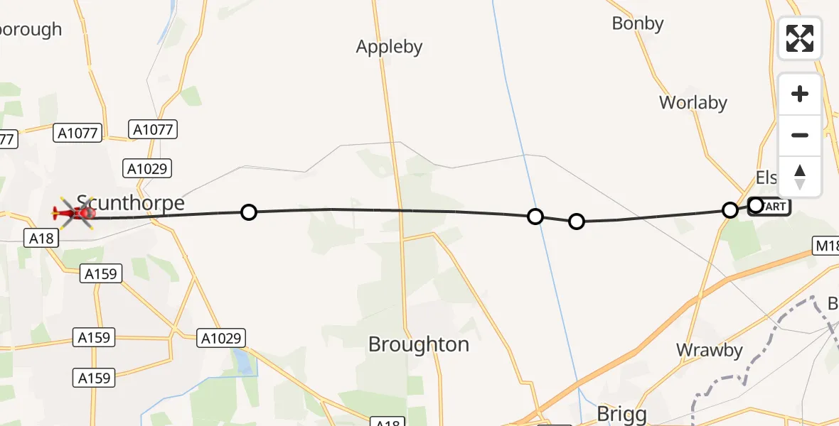 Flight route Air Ambulance Helicopter Brigg - Scunthorpe, 16 September 2026, 11:52