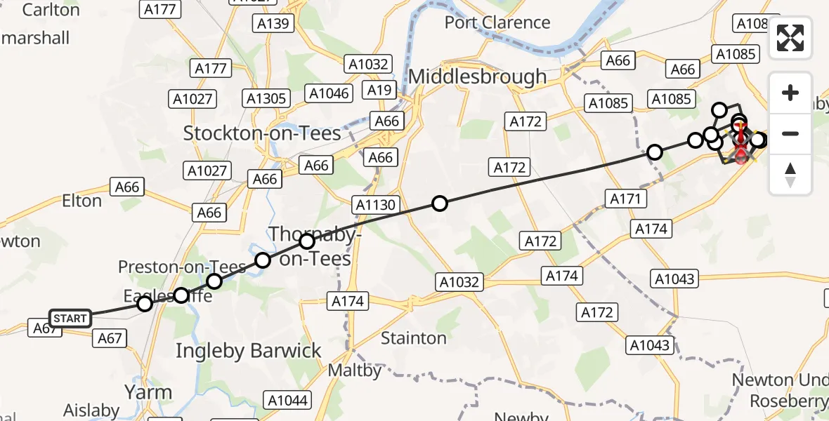 Flight route Air Ambulance Helicopter Egglescliffe - Lazenby, 16 September 2026, 11:57