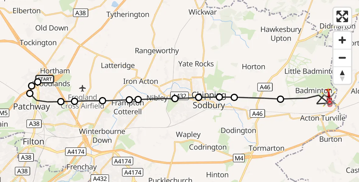Flight route Air Ambulance Helicopter Almondsbury Helicopter Base - Badminton, 16 September 2026, 11:59