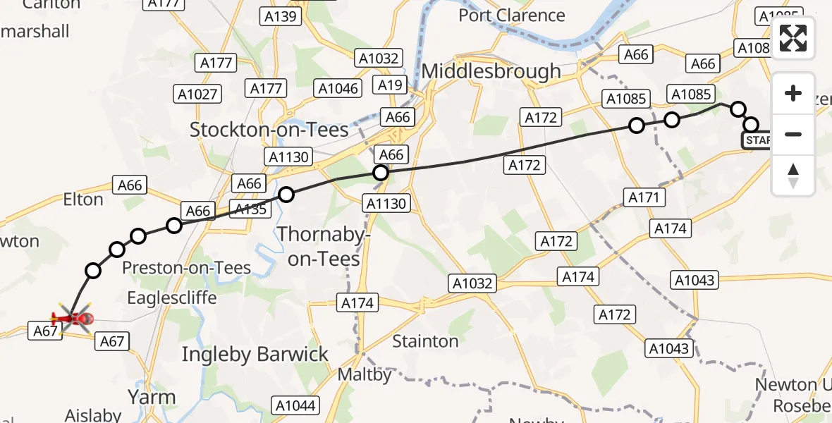 Flight route Air Ambulance Helicopter Lazenby - Egglescliffe, 16 September 2026, 12:30