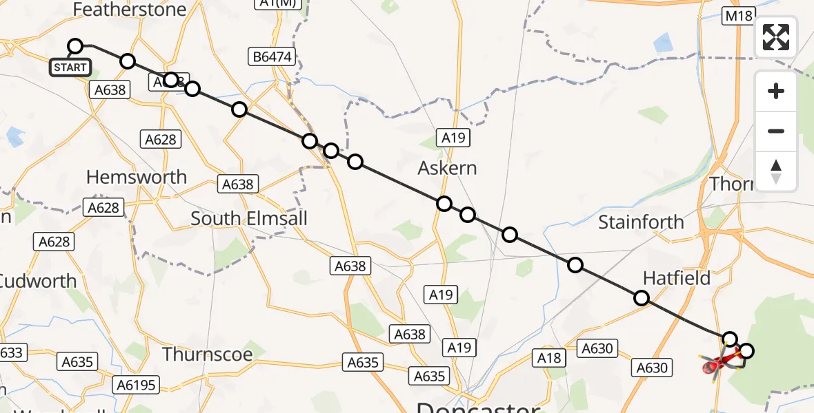 Flight route Air Ambulance Helicopter YAA Nostell Helicopter Port - Hatfield, 16 September 2026, 12:34