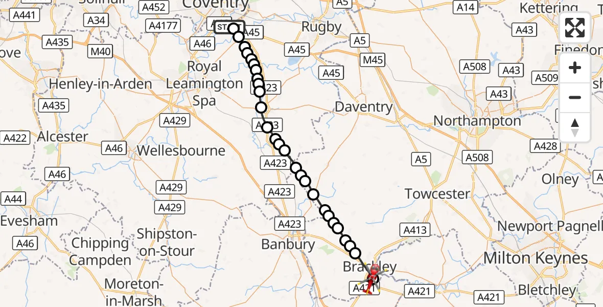 Flight route Air Ambulance Helicopter Coventry Airport - Evenley, 16 September 2026, 12:37