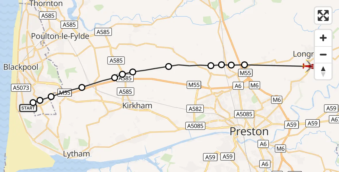 Flight route Air Ambulance Helicopter Blackpool Airport - Longridge, 16 September 2026, 12:49
