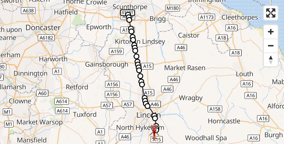 Flight route Air Ambulance Helicopter Scunthorpe - North Kesteven, 16 September 2026, 13:03