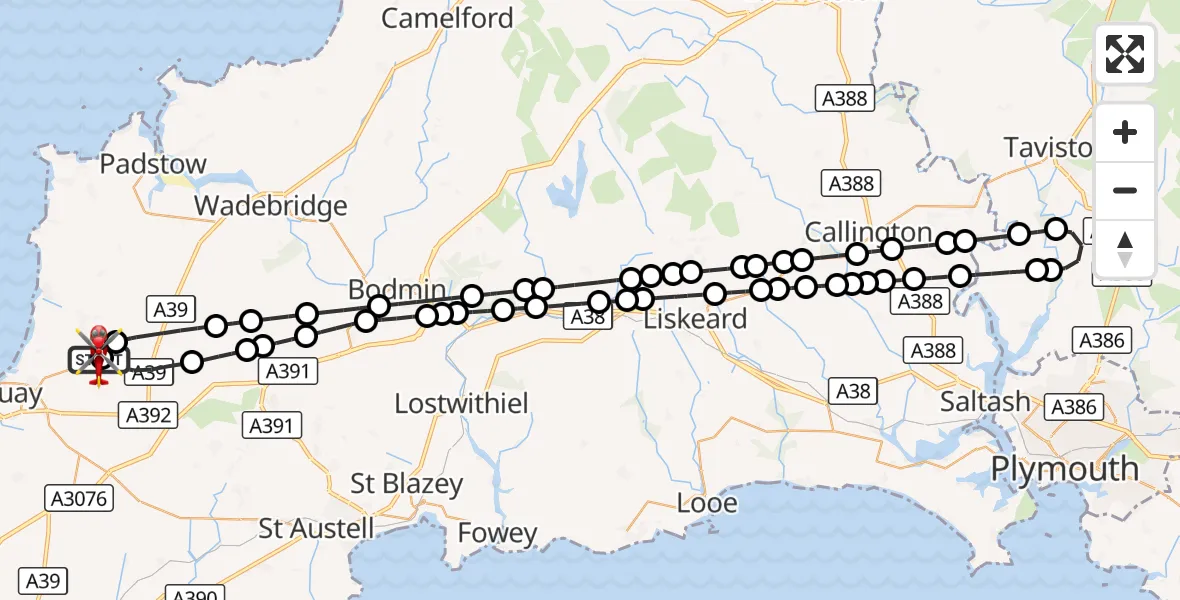 Flight route Air Ambulance Helicopter Cornwall Airport Newquay - Cornwall Airport Newquay, 16 September 2026, 13:14