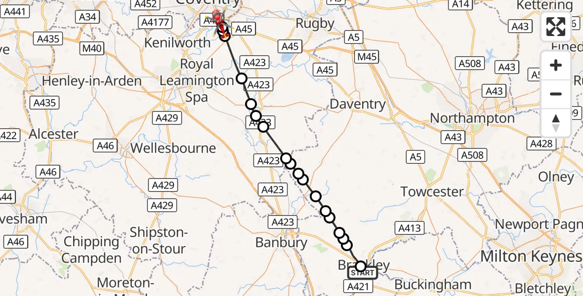 Flight route Air Ambulance Helicopter Evenley - Coventry Airport, 16 September 2026, 13:22