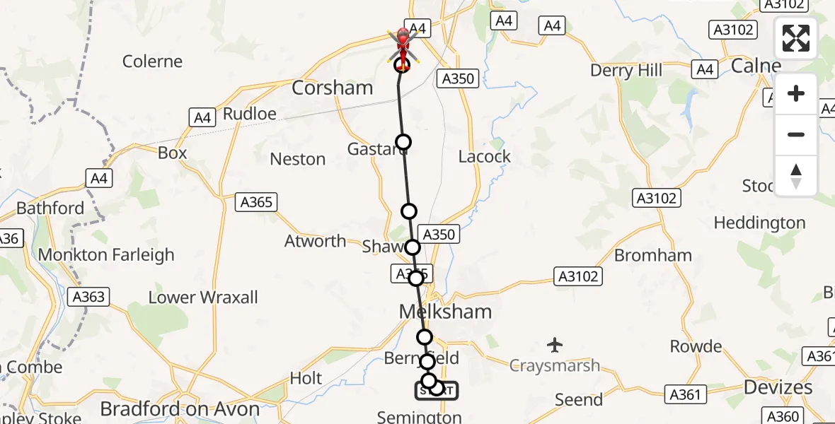 Flight route Air Ambulance Helicopter Wiltshire Air Ambulance - Corsham, 16 September 2026, 13:25