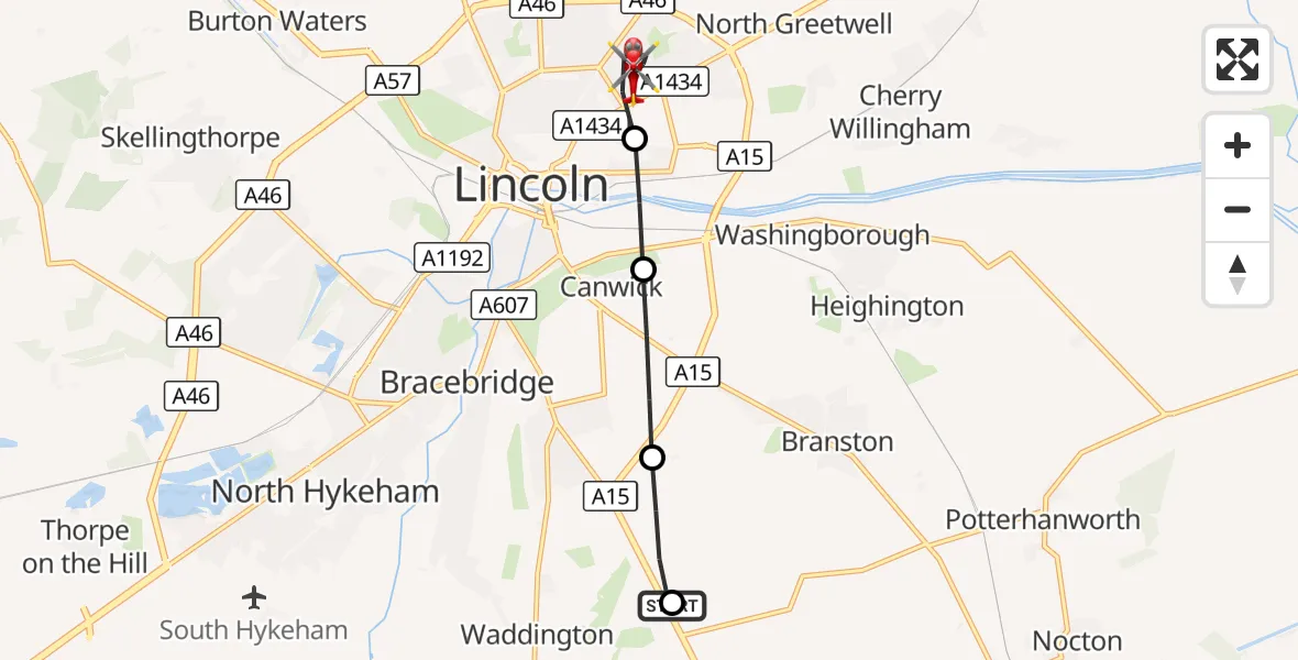 Flight route Air Ambulance Helicopter RAF Waddington - Lincoln, 16 September 2026, 13:26