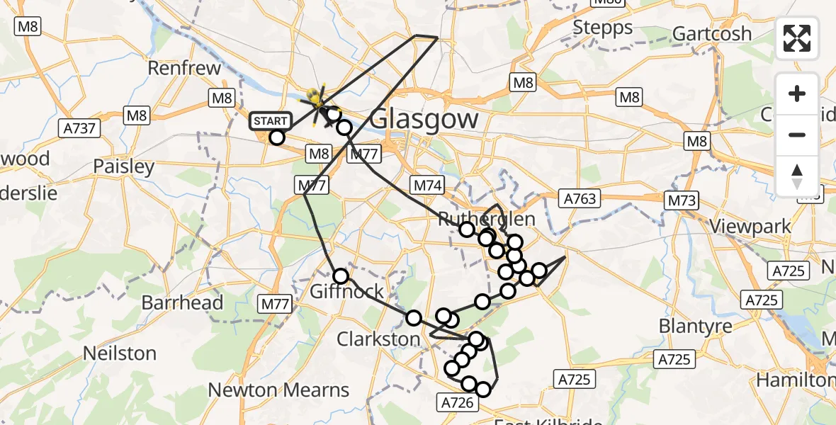 Flight route Police Helicopter Queen Elizabeth Hospital - Glasgow, 16 September 2026, 13:27