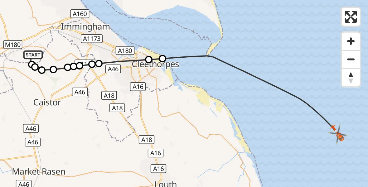 Flight route Coastguard Helicopter Humberside Airport - North Sea, 16 September 2026, 13:35