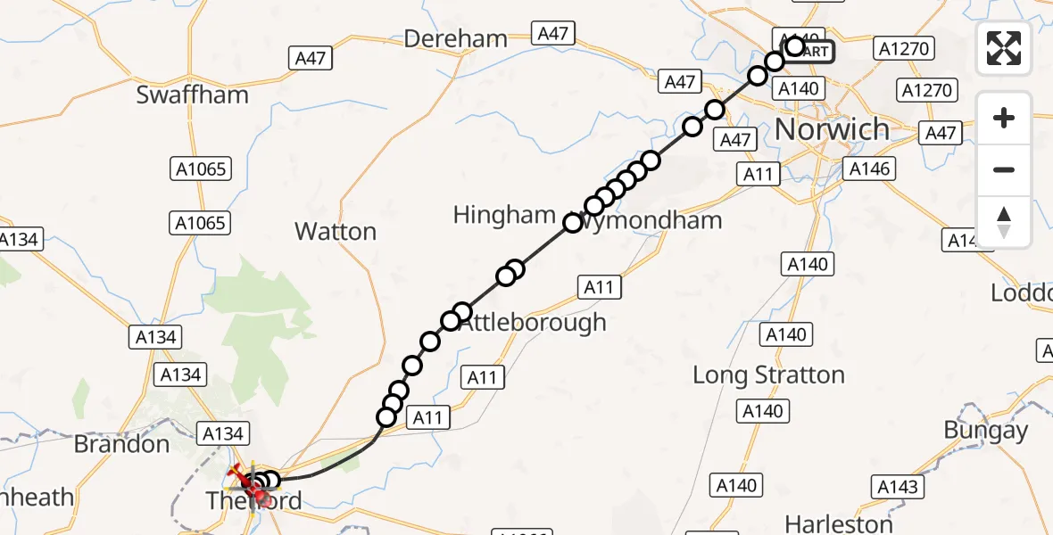 Flight route Air Ambulance Helicopter Norwich Airport - Thetford, 16 September 2026, 13:49