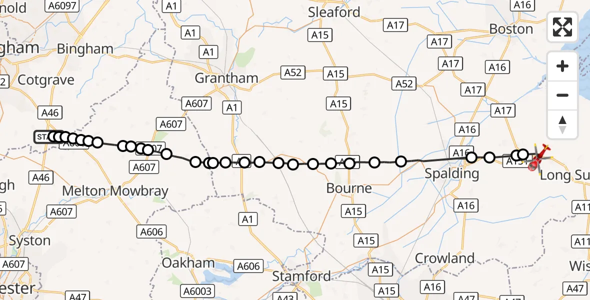 Flight route Air Ambulance Helicopter Nottingham Heliport - Holbeach CP, 16 September 2026, 13:52