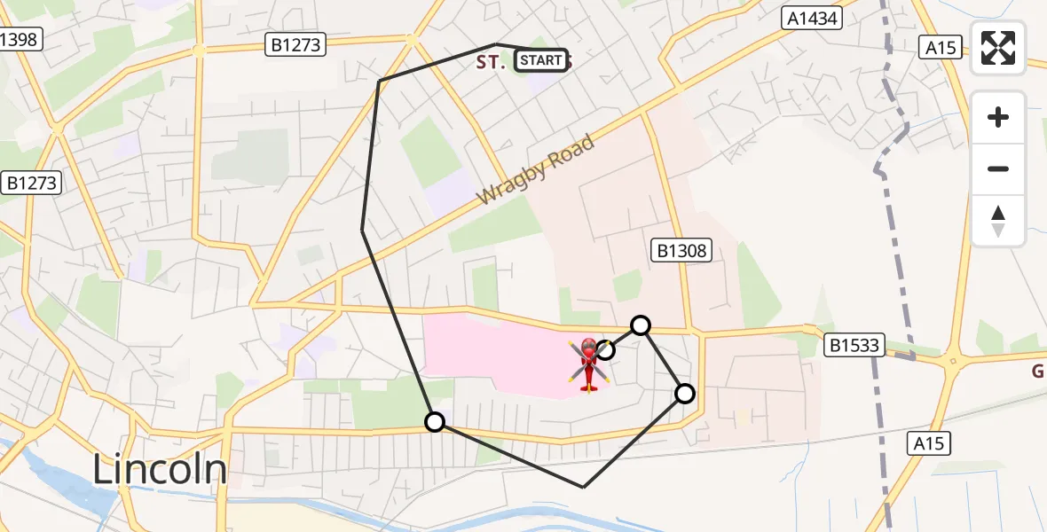 Flight route Air Ambulance Helicopter Lincoln - Bracebridge, 16 September 2026, 13:52