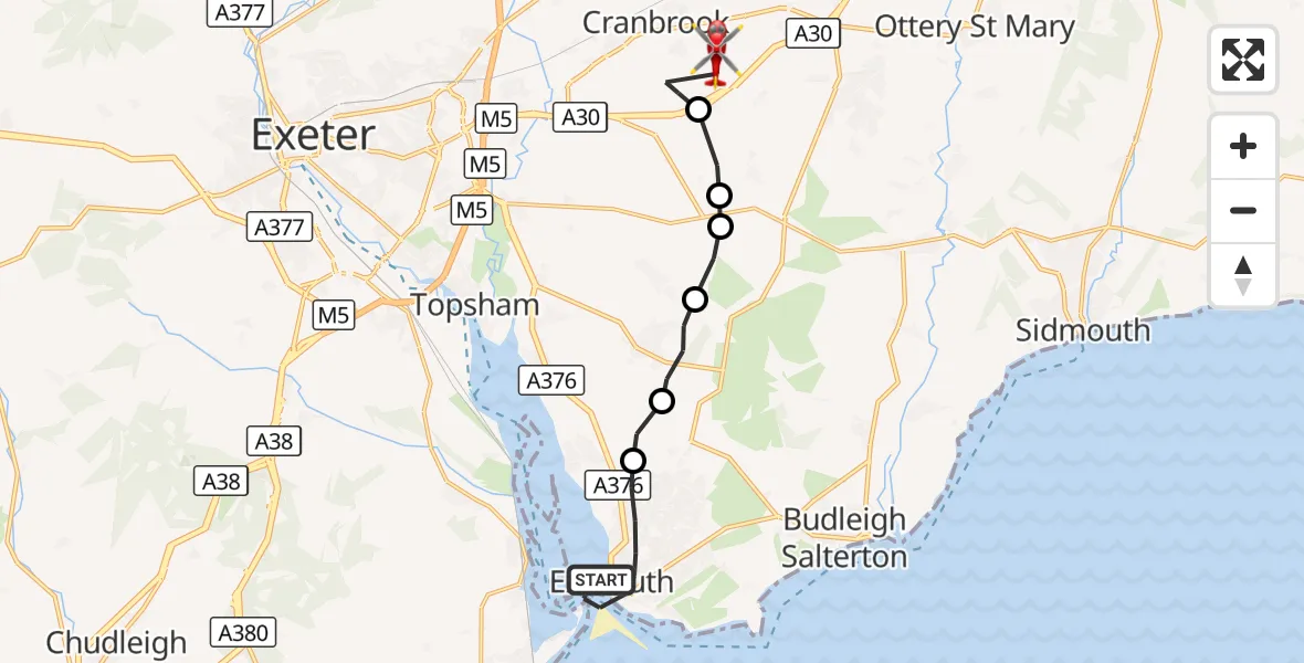 Flight route Air Ambulance Helicopter Exmouth - Rockbeare, 16 September 2026, 13:54