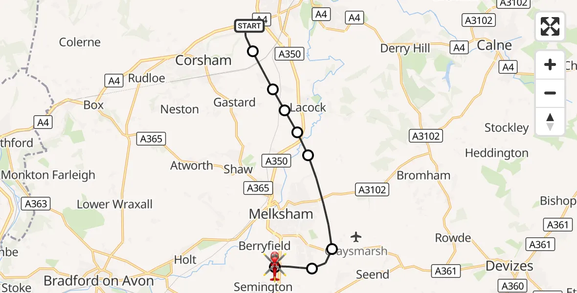 Flight route Air Ambulance Helicopter Corsham - Wiltshire Air Ambulance, 16 September 2026, 13:55