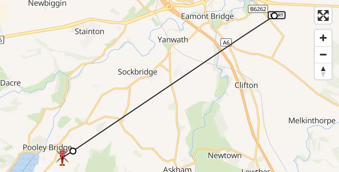 Flight route Air Ambulance Helicopter Brougham - Pooley Bridge, 16 September 2026, 14:04