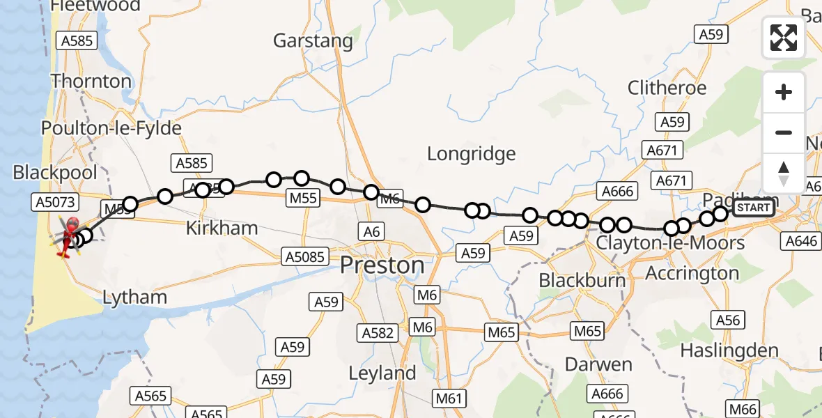 Flight route Air Ambulance Helicopter Padiham - Blackpool Airport, 16 September 2026, 14:06