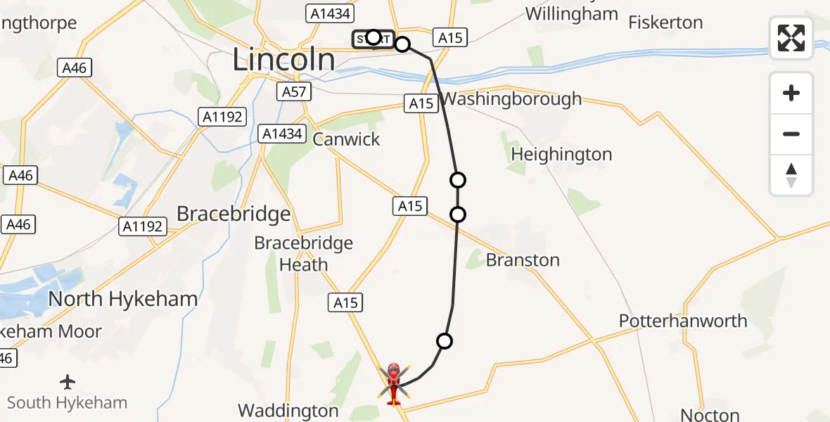 Flight route Air Ambulance Helicopter Lincoln County Trauma Unit - North Kesteven, 16 September 2026, 14:11