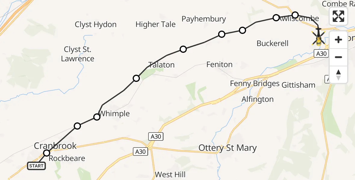 Flight route Police Helicopter Clyst Honiton - Awliscombe, 16 September 2026, 14:12