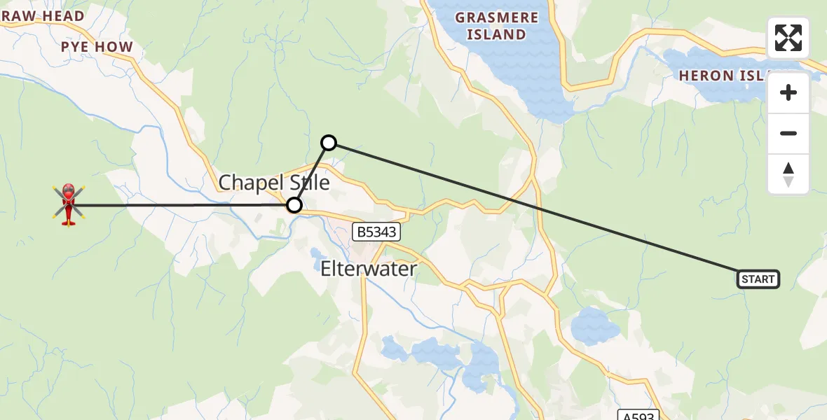 Flight route Air Ambulance Helicopter Ambleside - Lakes, 16 September 2026, 14:13