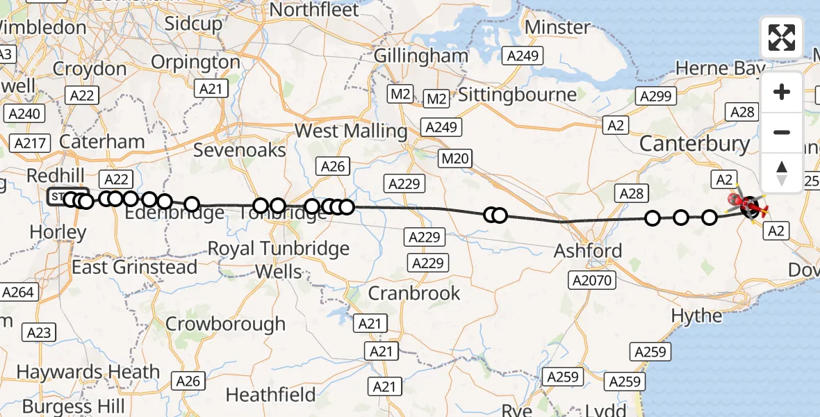 Flight route Air Ambulance Helicopter Redhill Aerodrome - Woolage Village, 16 September 2026, 14:21