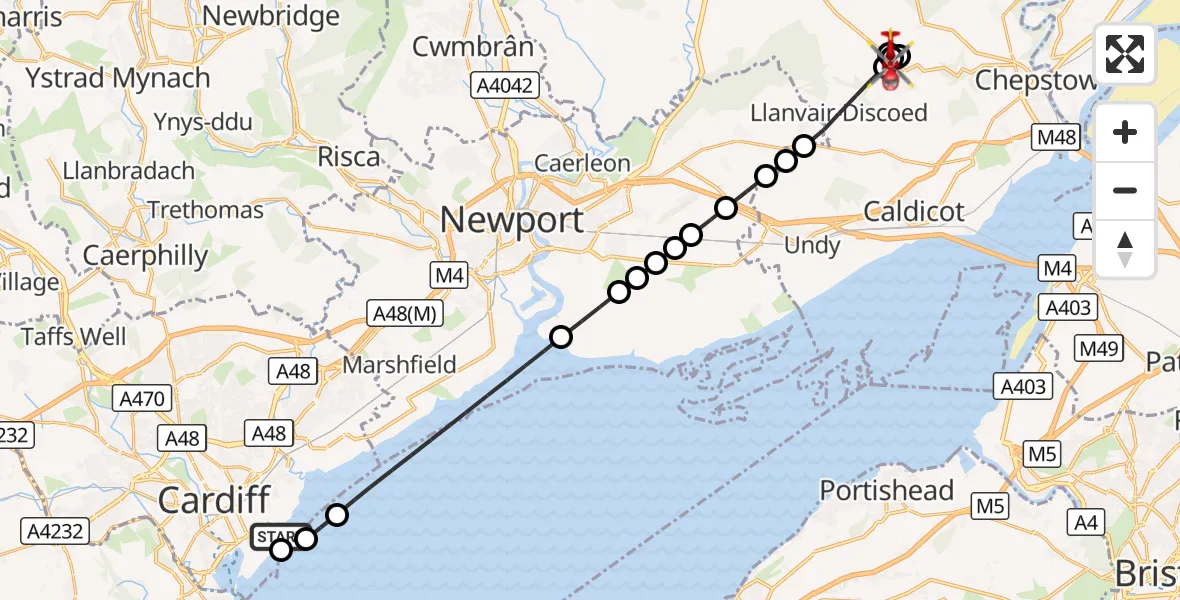Flight route Air Ambulance Helicopter Cardiff Heliport - Itton Common, 16 September 2026, 14:23