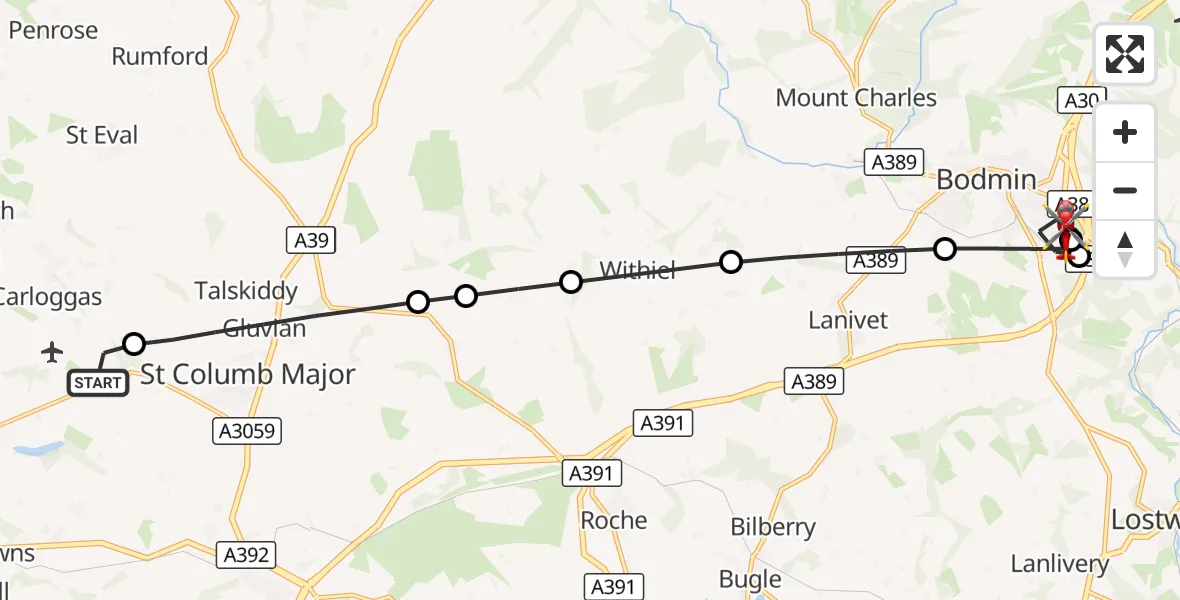 Flight route Air Ambulance Helicopter Cornwall Airport Newquay - Bodmin, 16 September 2026, 14:23