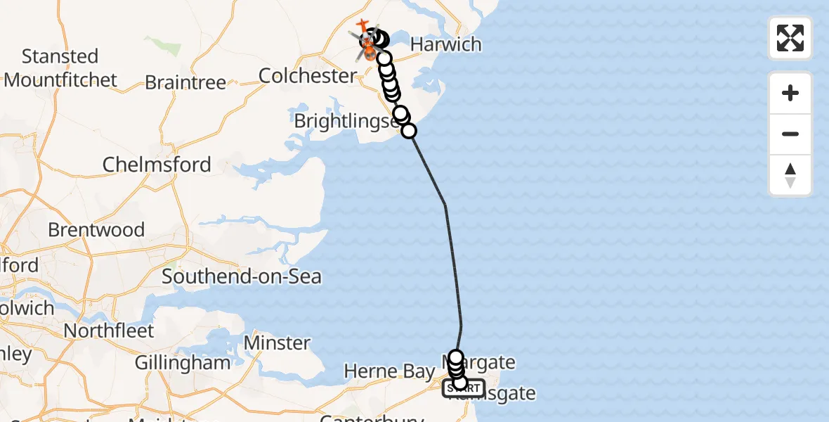 Flight route Coastguard Helicopter Manston Airport - Brantham, 16 September 2026, 14:28