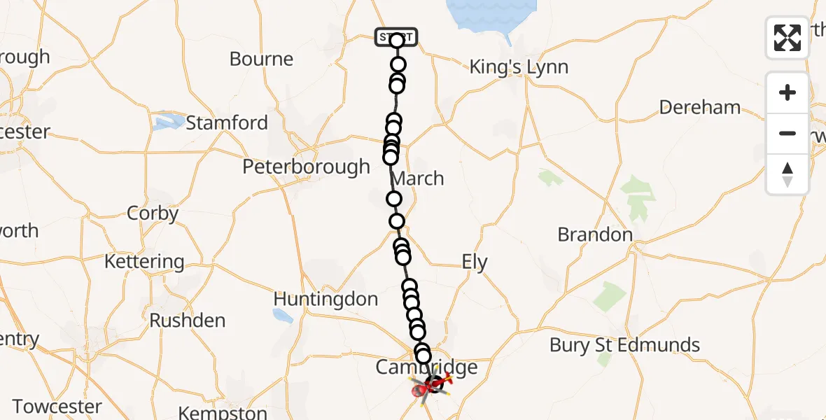 Flight route Air Ambulance Helicopter Holbeach CP - Papworth Hospital, 16 September 2026, 14:30