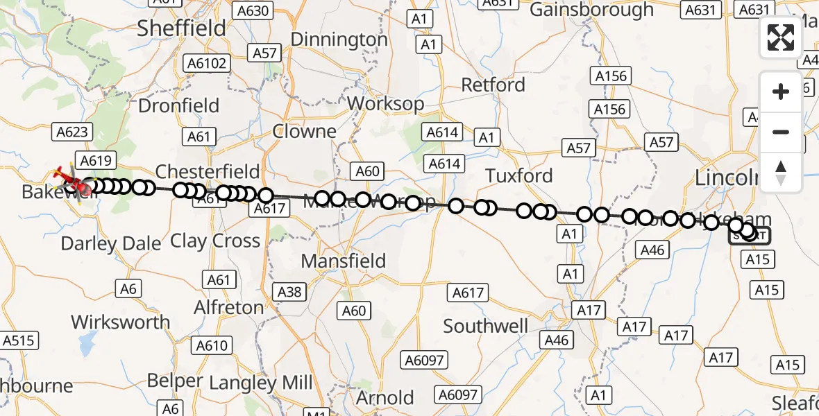 Flight route Air Ambulance Helicopter RAF Waddington - Bakewell CP, 16 September 2026, 14:36
