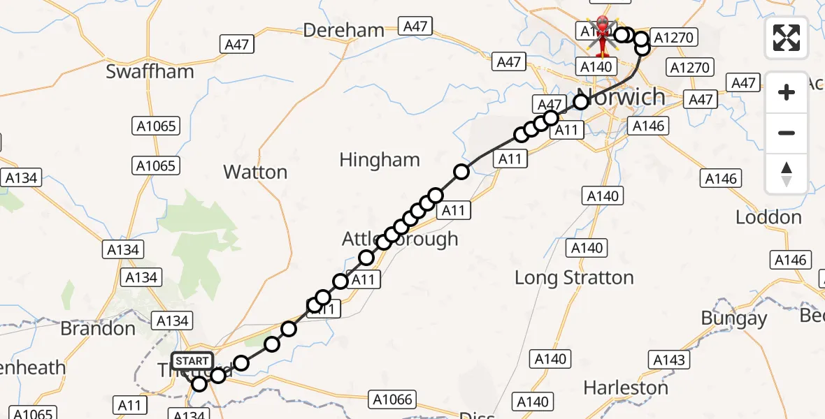 Flight route Air Ambulance Helicopter Thetford - Norwich Airport, 16 September 2026, 15:14
