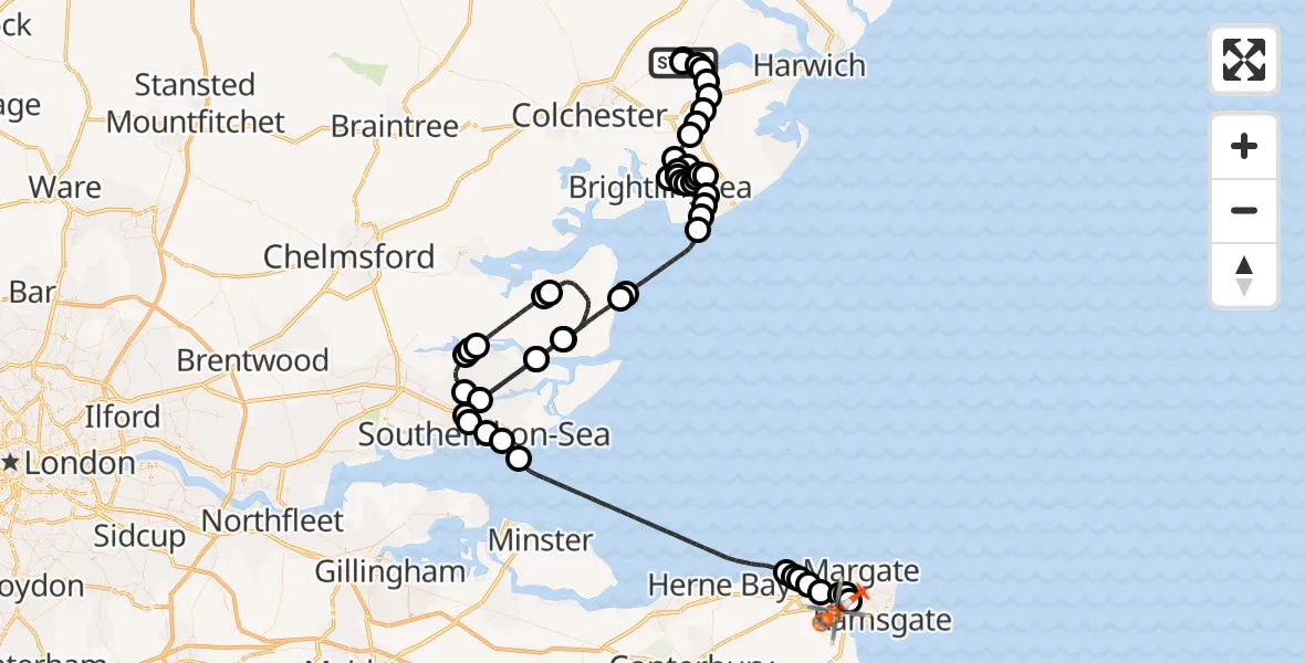 Flight route Coastguard Helicopter Manningtree - Manston Airport, 16 September 2026, 15:24