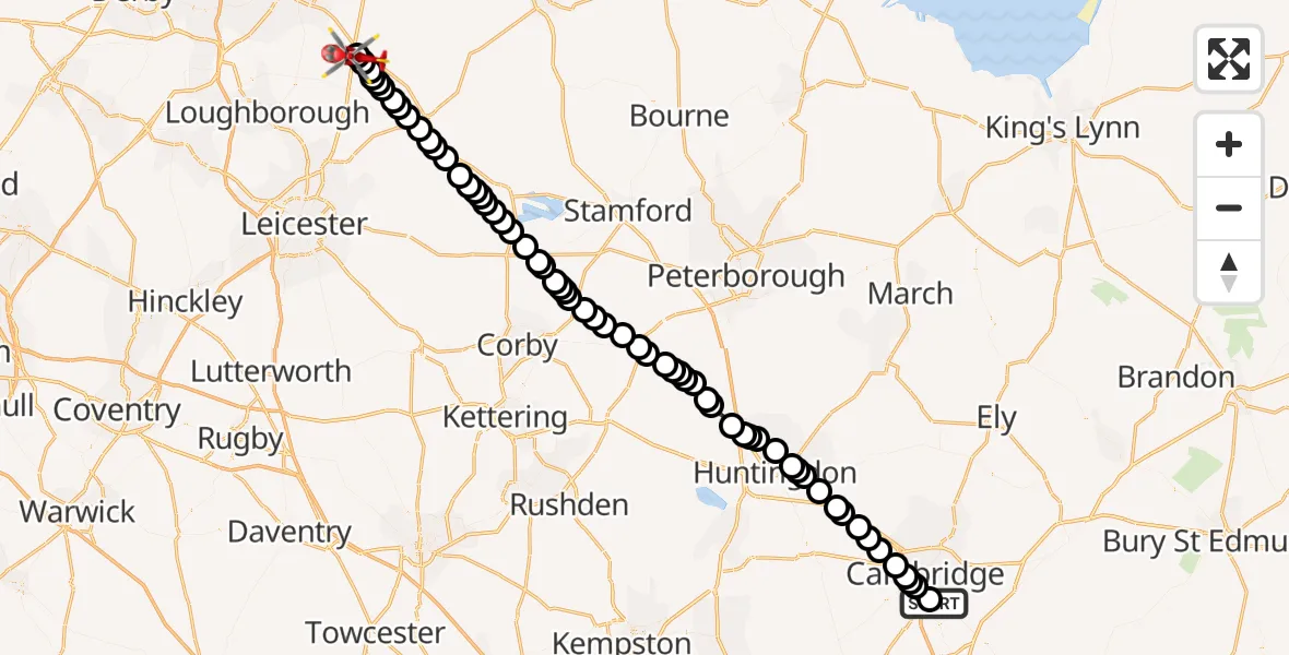 Flight route Air Ambulance Helicopter Papworth Hospital - Nottingham Heliport, 16 September 2026, 15:35