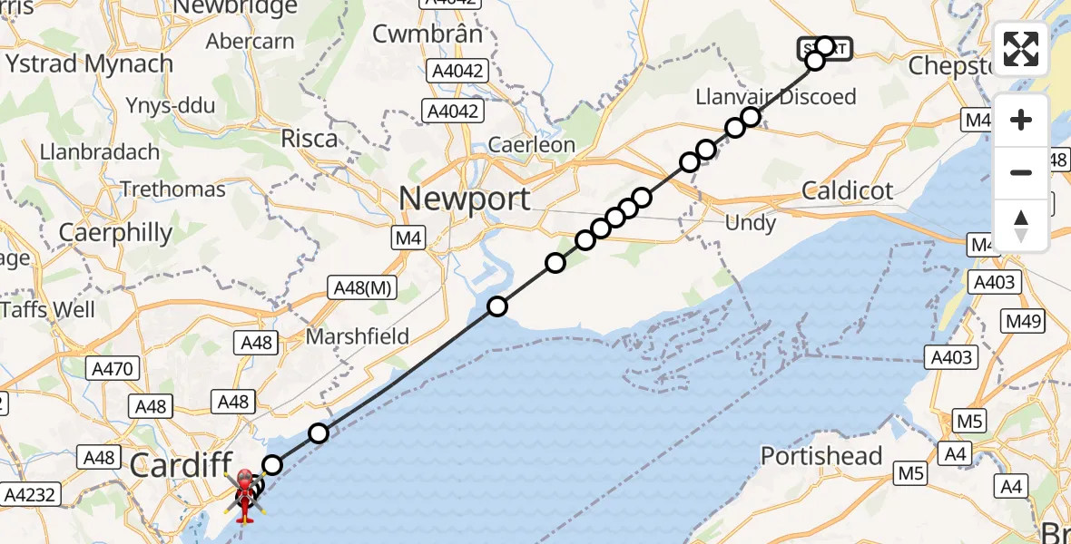Flight route Air Ambulance Helicopter Shirenewton - Cardiff Heliport, 16 September 2026, 15:35