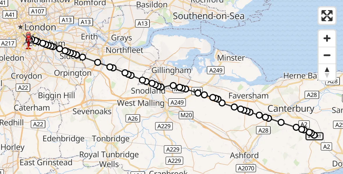 Flight route Air Ambulance Helicopter Canterbury - Kings College London Hospital, 16 September 2026, 15:37