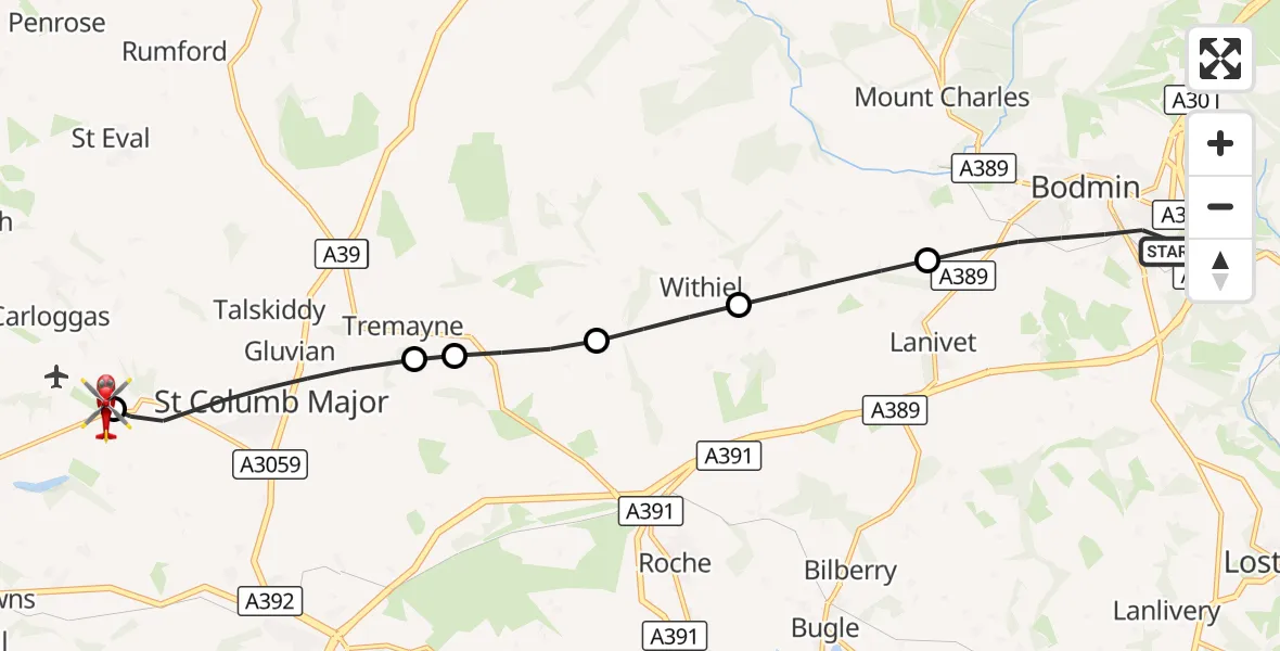 Flight route Air Ambulance Helicopter Bodmin - Cornwall Airport Newquay, 16 September 2026, 15:40