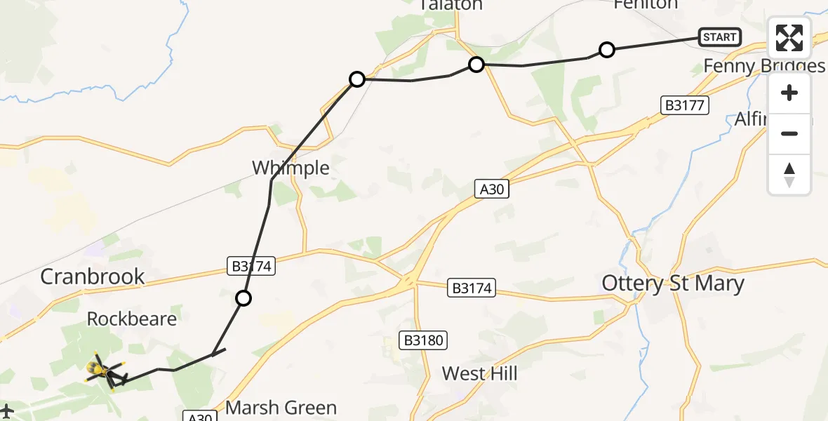 Flight route Police Helicopter Fenny Bridges - Rockbeare, 16 September 2026, 15:45