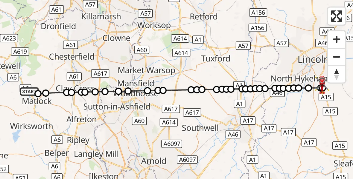 Flight route Air Ambulance Helicopter Darley Dale - North Kesteven, 16 September 2026, 15:54